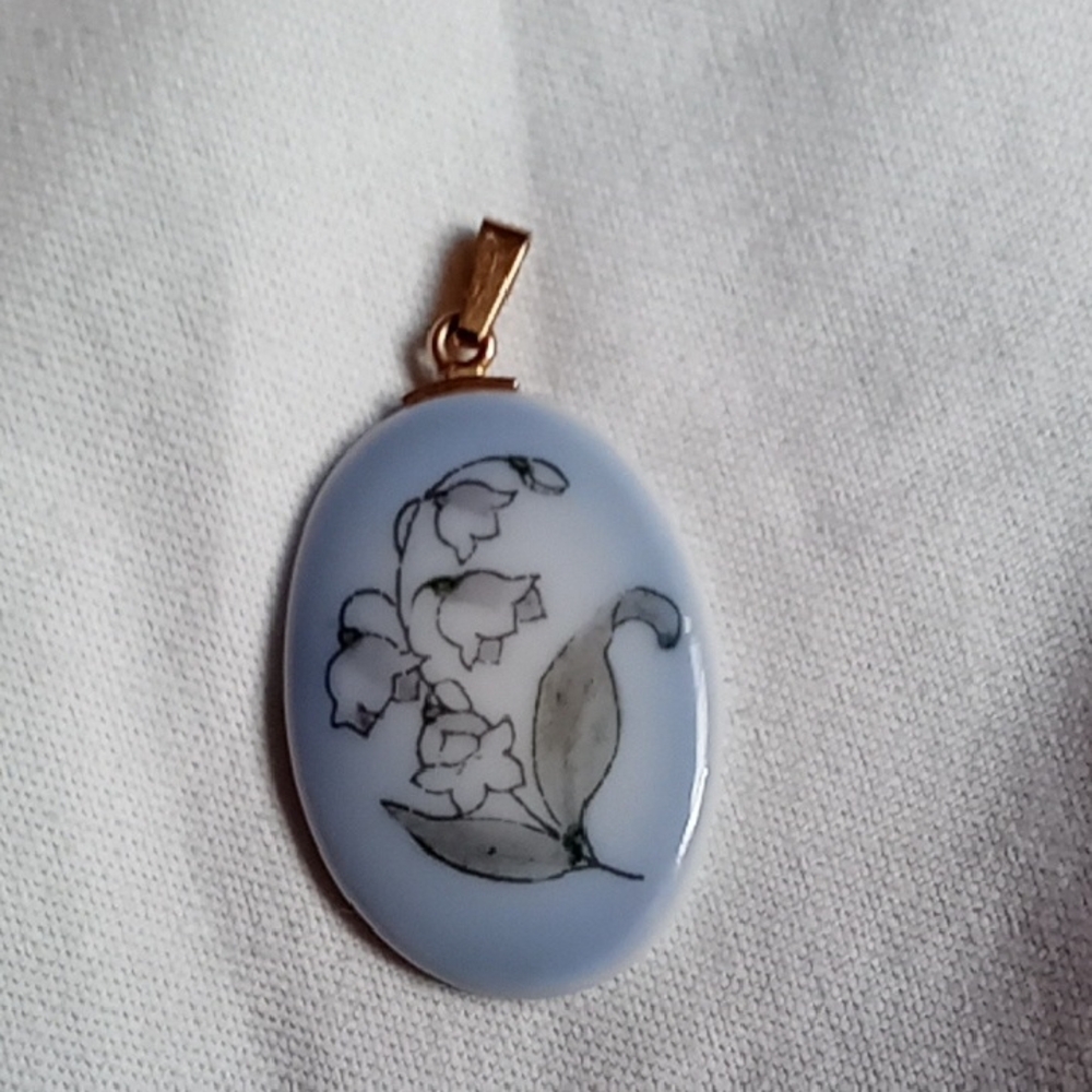 Floral Porcelain Pendant with Gold Bail